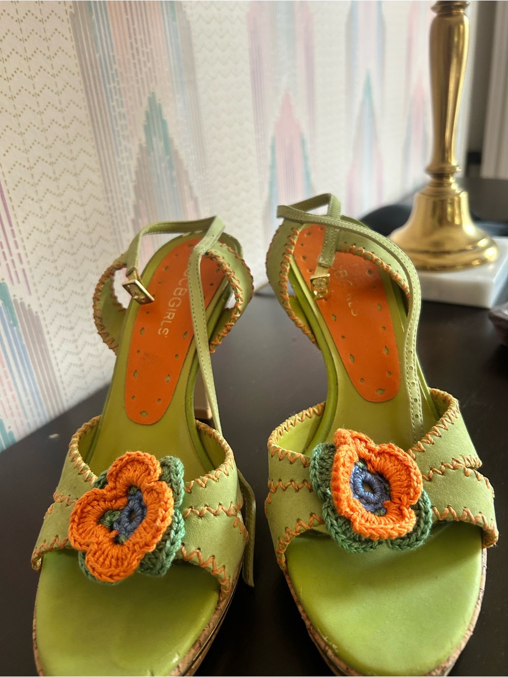 BCBGirls Lime Green Sandal with Orange Crochet Flower Accent